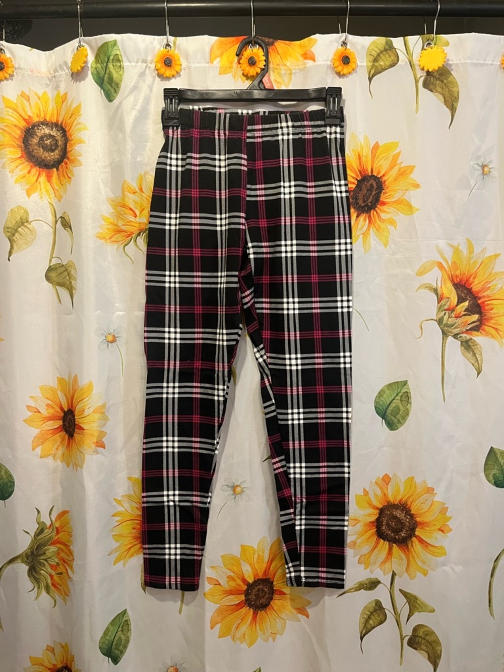 No Boundaries Black Leggings with White & Pink Plaid